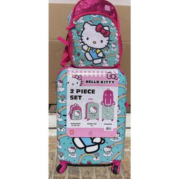 Hello Kitty 2 Piece Luggage Set Backpack & Carry-on New Spinner Glitter Sanrio - Picture 2 of 9